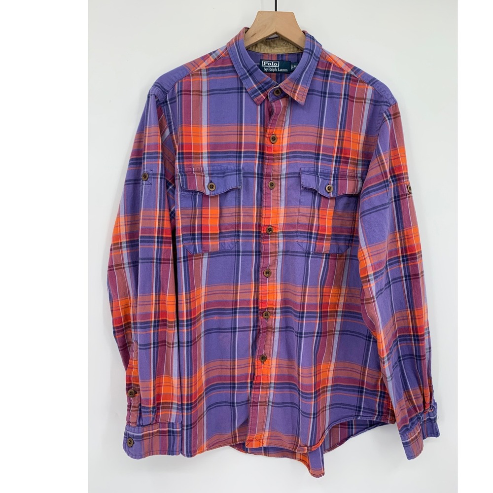 Vintage Polo Ralph Lauren Flannel Shirt Mens XL Purple Orange Plaid 90s Preppy
